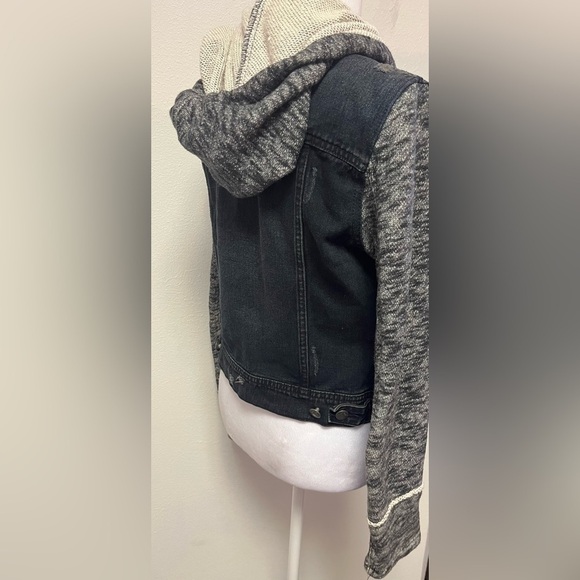 Free People Denim Knit Sleeve Hooded Distressed Jean Trucker Jacket - Picture 6 of 8
